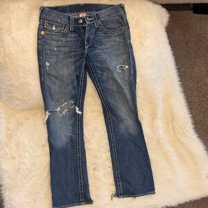 True Religion Blue Distressed Straight Leg Jeans